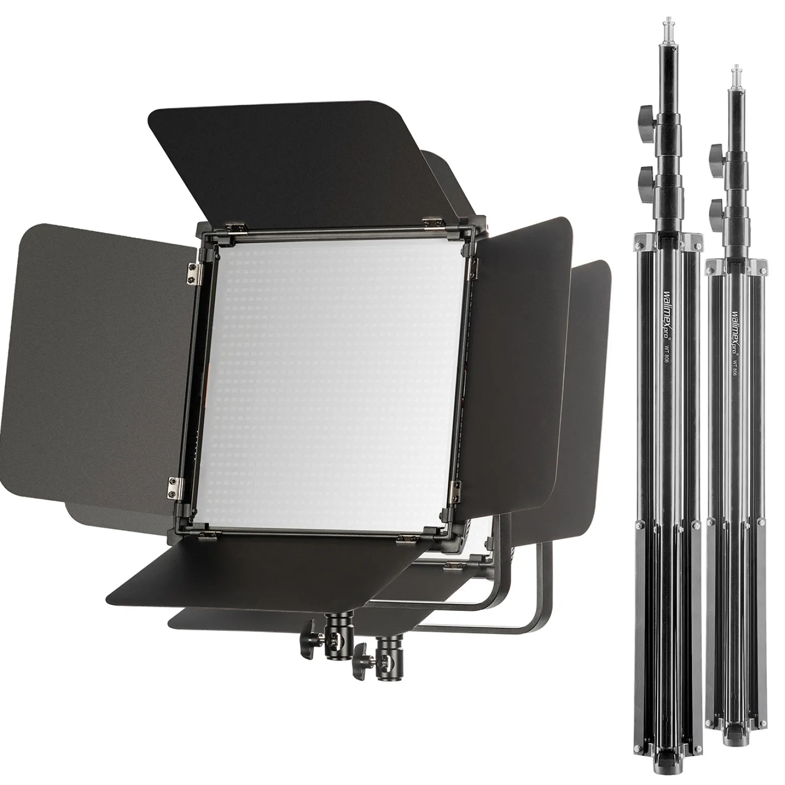 Walimex pro 2x LED Niova 100-F Pro 100 W Bi-Color Flächenleuchte mit 2x Lampenstativ, dimmbare Videoleuchte, Studioleuchte mit weichem Licht, Fotolicht mit Fernbedienung
