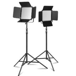 Walimex pro 2x LED Niova 100-F Pro 100 W Bi-Color Flächenleuchte mit 2x Lampenstativ, dimmbare Videoleuchte, Studioleuchte mit weichem Licht, Fotolicht mit Fernbedienung
