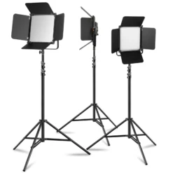 Walimex pro 3x LED Niova 100-F Pro 100 W Bi-Color Flächenleuchte mit 3x Lampenstativ, dimmbare Videoleuchte, Studioleuchte mit weichem Licht, Fotolicht mit Fernbedienung