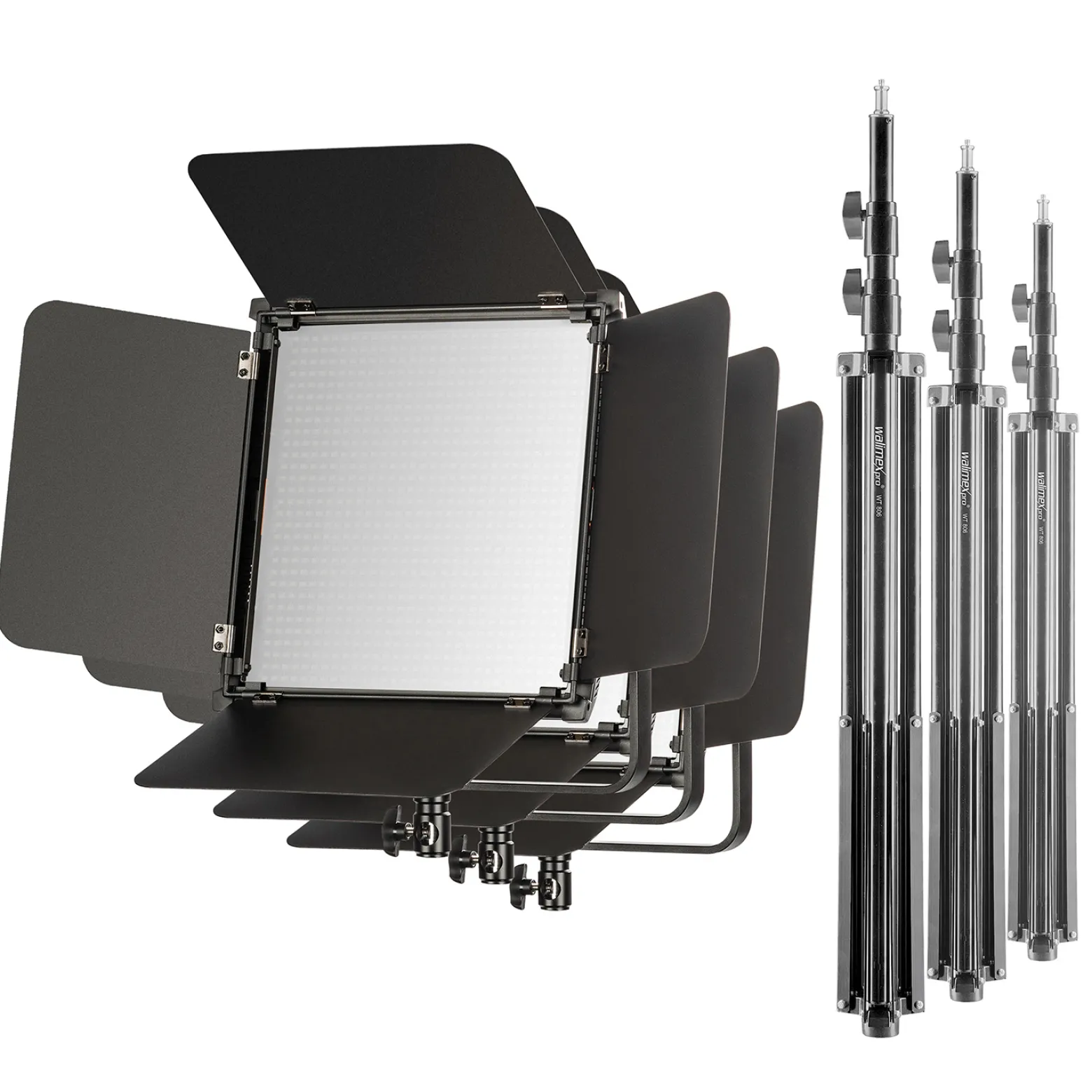 Walimex pro 3x LED Niova 100-F Pro 100 W Bi-Color Flächenleuchte mit 3x Lampenstativ, dimmbare Videoleuchte, Studioleuchte mit weichem Licht, Fotolicht mit Fernbedienung