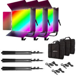 Walimex pro 3x LED Rainbow Flächenleuchte mit 3x Lampenstativ, RGBWW Flächenlicht 100 W, Bi-Color Videoleuchte, Studioleuchte per App steuerbar, Studio-Beleuchtung mit Effektgenerator
