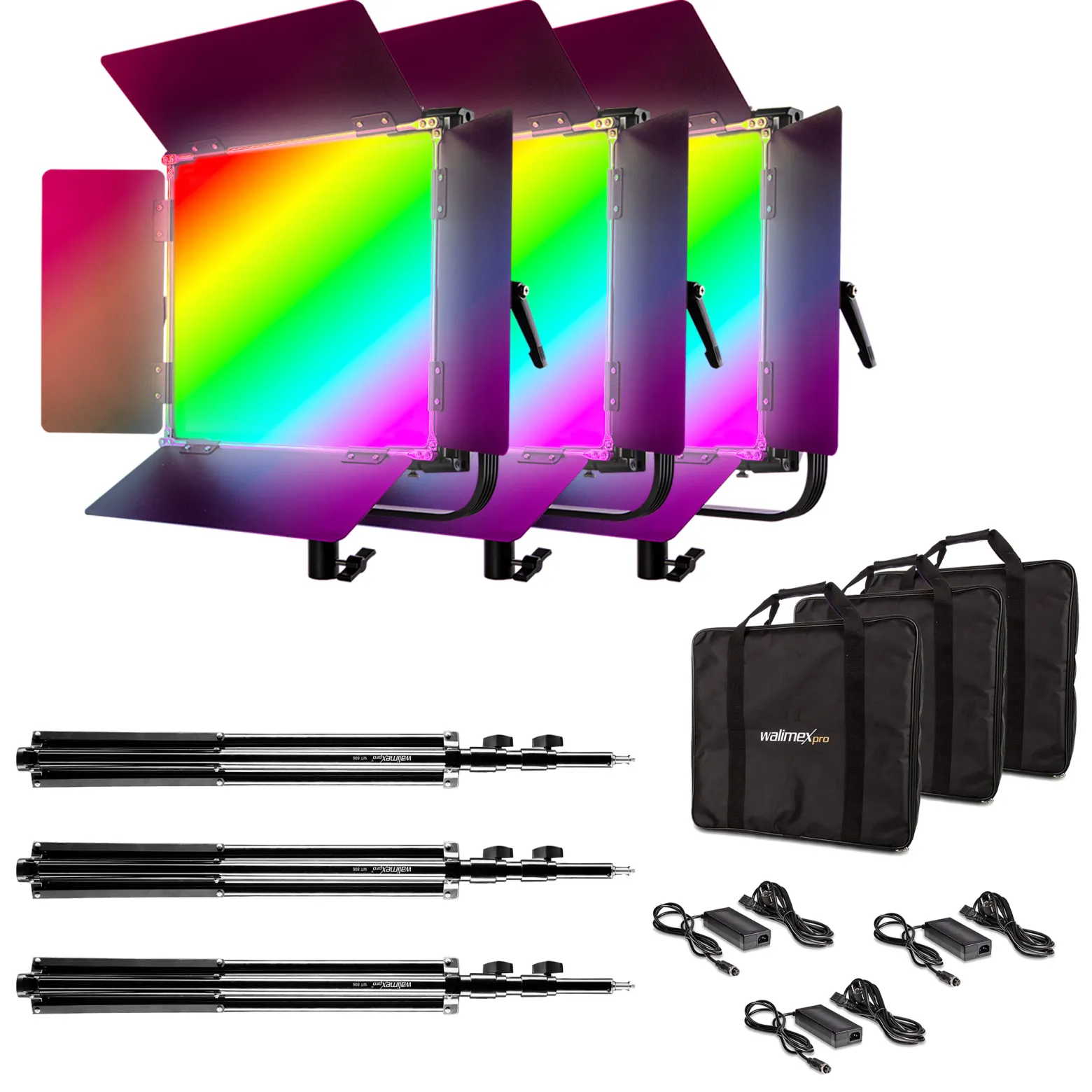 Walimex pro 3x LED Rainbow Flächenleuchte mit 3x Lampenstativ, RGBWW Flächenlicht 100 W, Bi-Color Videoleuchte, Studioleuchte per App steuerbar, Studio-Beleuchtung mit Effektgenerator