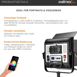 Walimex pro 3x LED Rainbow Flächenleuchte mit 3x Lampenstativ, RGBWW Flächenlicht 100 W, Bi-Color Videoleuchte, Studioleuchte per App steuerbar, Studio-Beleuchtung mit Effektgenerator