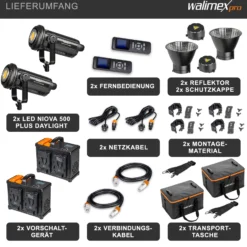 Walimex pro 2x Niova Plus 500 Daylight Set, dimmbare LED Videoleuchte 500 W, Videolicht mit Bowens-Reflektor & Soft Diffusor, Studiolicht mit COB-LED-Technologie