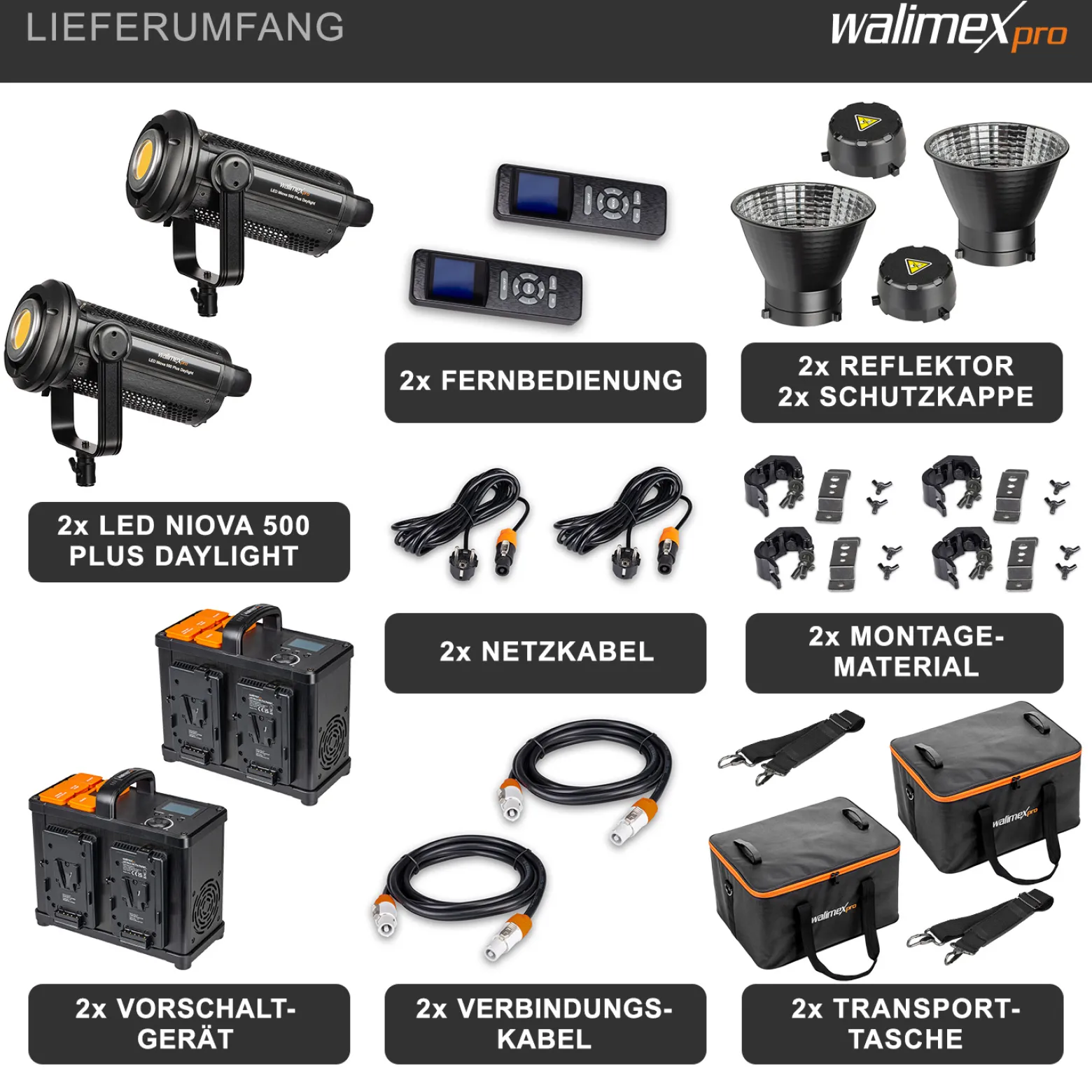 Walimex pro 2x Niova Plus 500 Daylight Set, dimmbare LED Videoleuchte 500 W, Videolicht mit Bowens-Reflektor & Soft Diffusor, Studiolicht mit COB-LED-Technologie