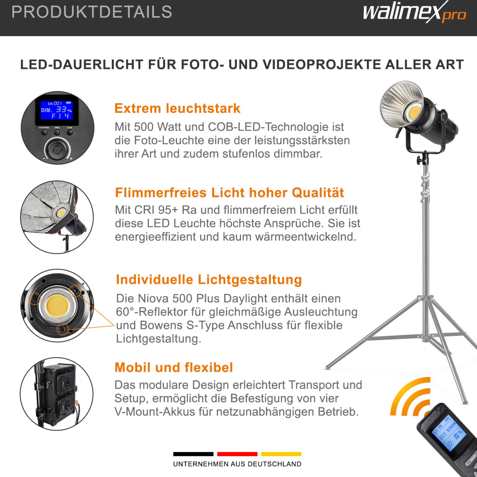 Walimex pro 2x Niova Plus 500 Daylight Set, dimmbare LED Videoleuchte 500 W, Videolicht mit Bowens-Reflektor & Soft Diffusor, Studiolicht mit COB-LED-Technologie