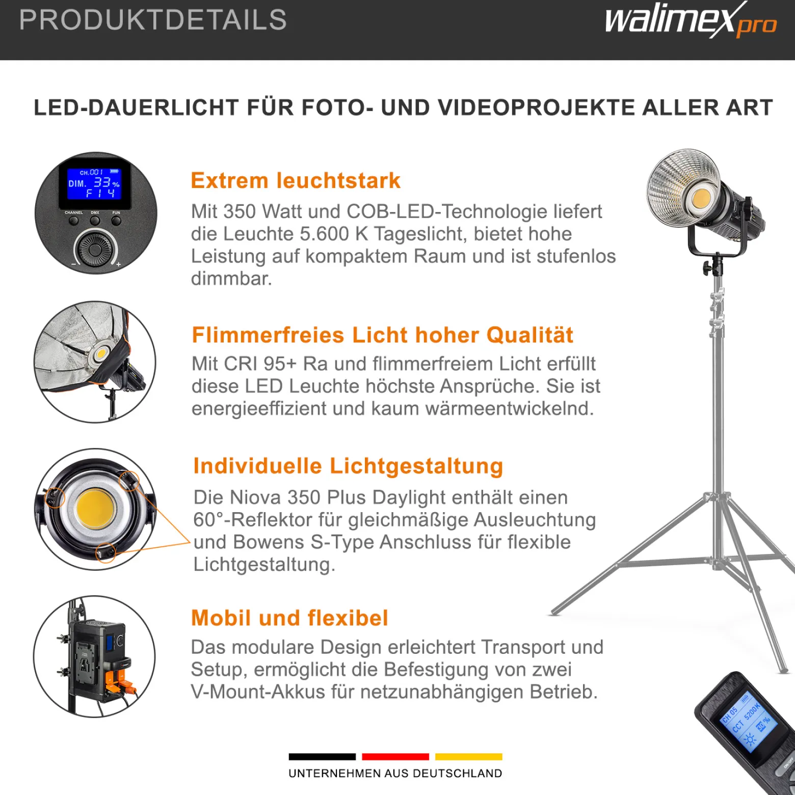 Walimex pro 2x Niova Plus Daylight Studioleuchte 350 W, dimmbare LED Videoleuchte, Videolicht mit Bowens-Reflektor & Soft Diffusor, Studiolicht mit COB-LED-Technologie