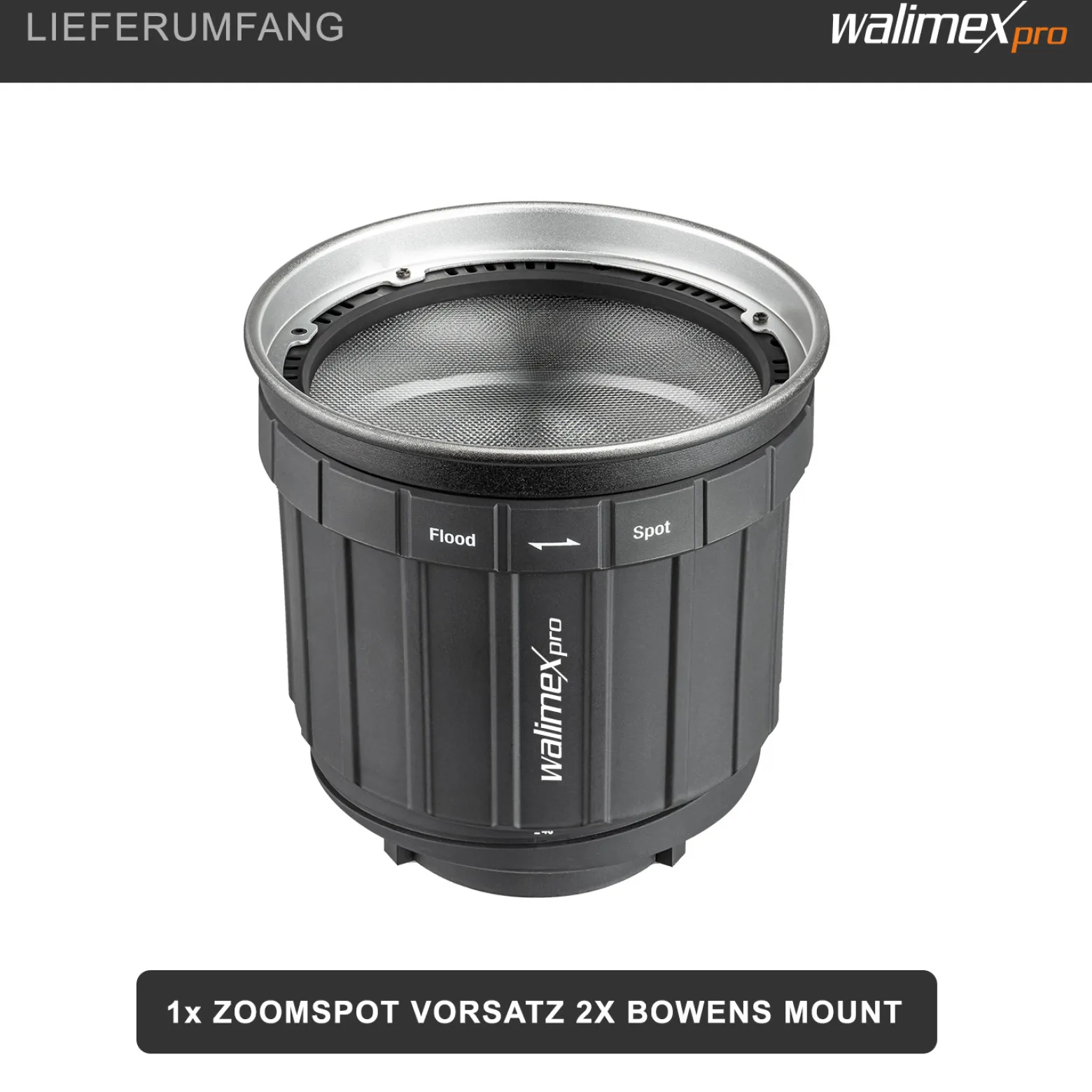 Walimex pro Zoomspot Vorsatz 2X Bowens Mount, stufenlos verstellbares Spotlicht von 12° bis 40° für LEDs bis 350W, hitzebeständig bis 100°C