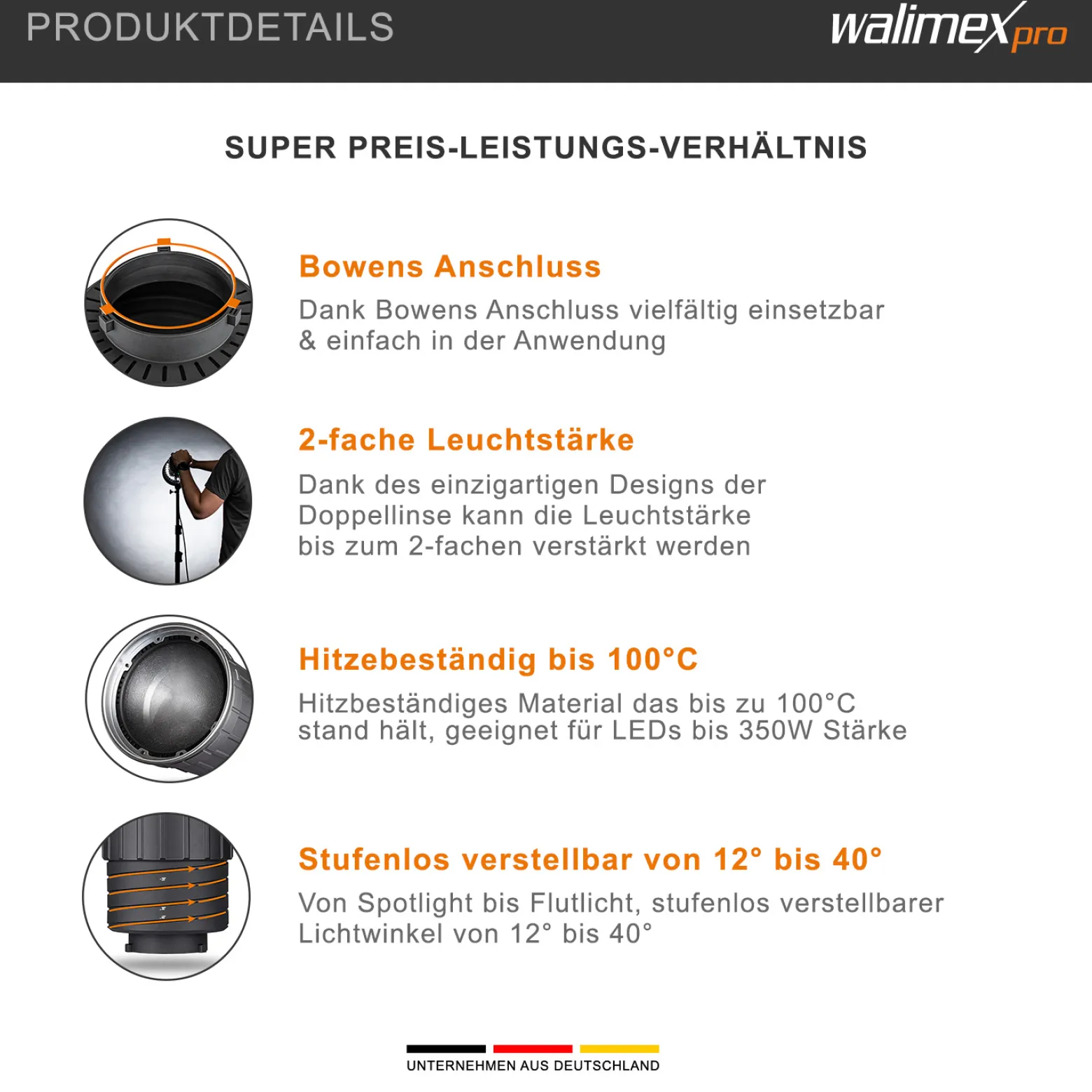 Walimex pro Zoomspot Vorsatz 2X Bowens Mount, stufenlos verstellbares Spotlicht von 12° bis 40° für LEDs bis 350W, hitzebeständig bis 100°C