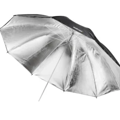 Walimex pro zweilagig Reflexschirm Ø 150 cm schwarz/silberfarben für hartes Licht, Lichtreflektor ideal für Porträt- und Produktfotografie, Lichtformer für Studioblitz, Fotoschirm mit Metallstange