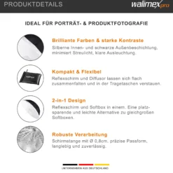 Walimex Reflexschirm Set Ø 180 cm - 2-in-1-Design für professionelle Ergebnisse - Reflexschirm und Schirmsoftbox in einem, kompakt und vielseitig für unterwegs