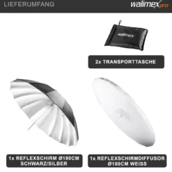 Walimex Reflexschirm Set Ø 180 cm - 2-in-1-Design für professionelle Ergebnisse - Reflexschirm und Schirmsoftbox in einem, kompakt und vielseitig für unterwegs