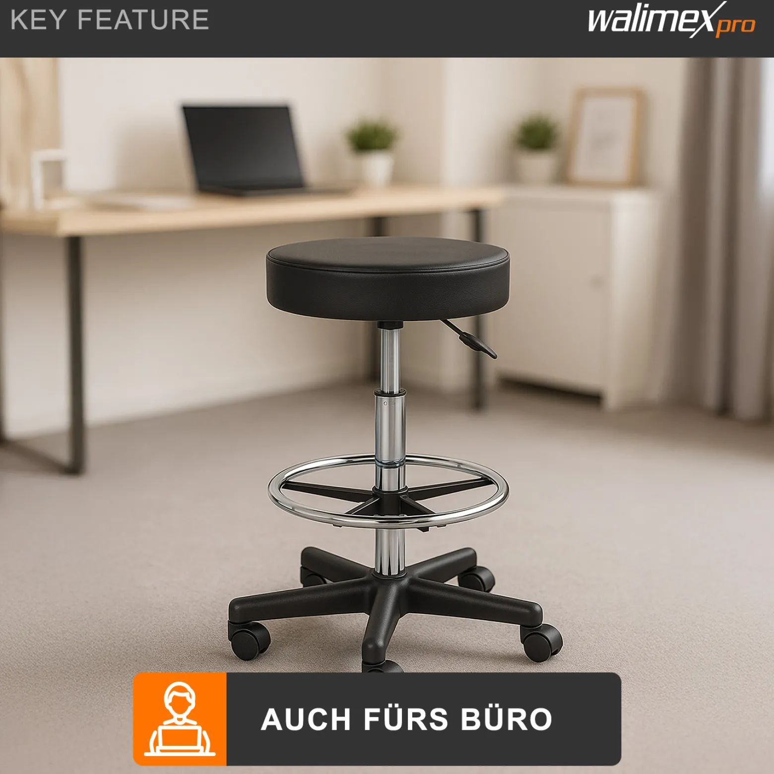 Walimex Rollhocker mit schwarzem Polstersitz, Höhenverstellbar 65-87 cm Sitzhöhe, bis 120 kg belastbar, 360° drehbar, Bürohocker, Drehhocker, Studiohocker, Posierhocker