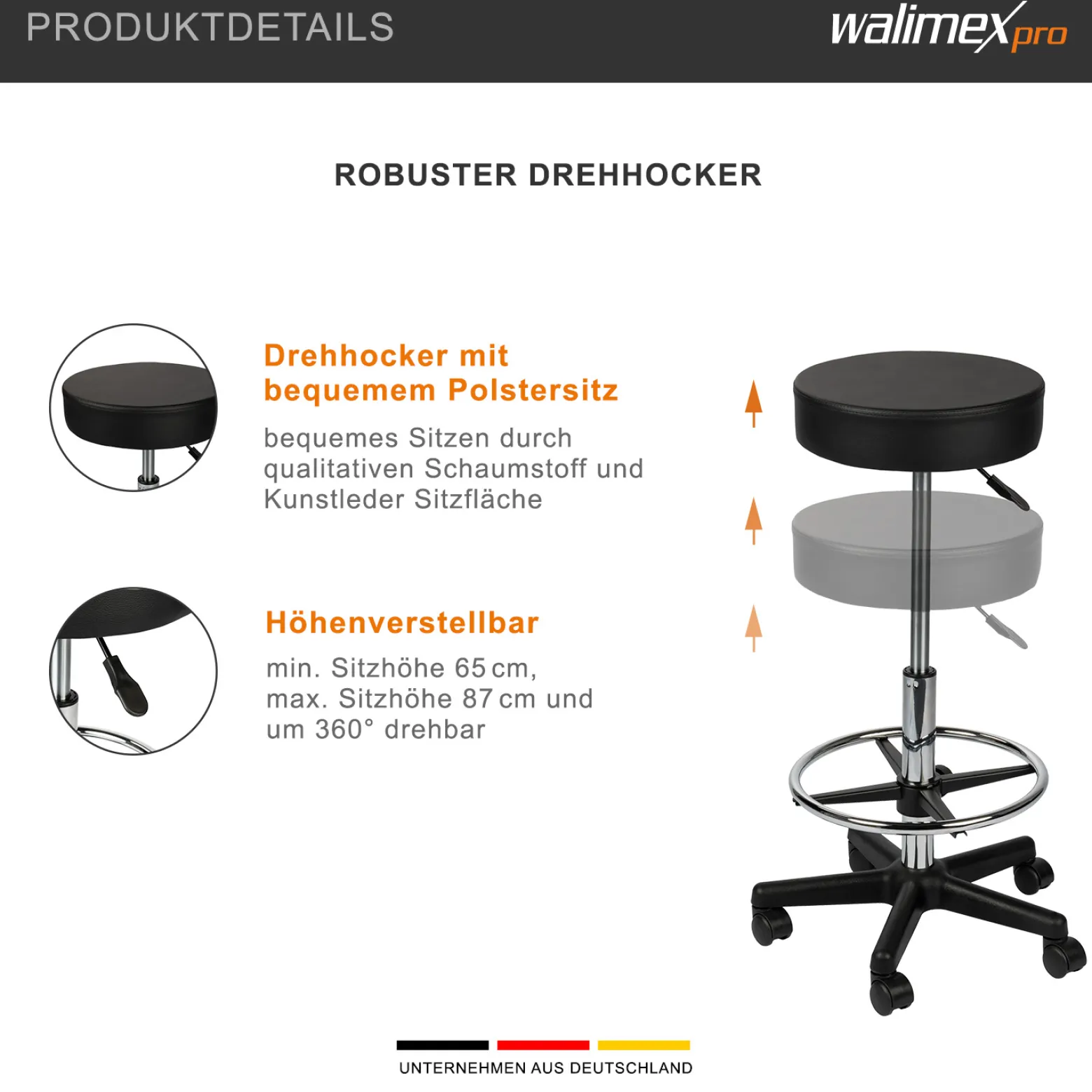 Walimex Rollhocker mit schwarzem Polstersitz, Höhenverstellbar 65-87 cm Sitzhöhe, bis 120 kg belastbar, 360° drehbar, Bürohocker, Drehhocker, Studiohocker, Posierhocker