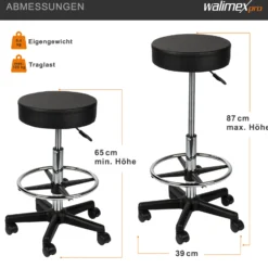 Walimex Rollhocker mit schwarzem Polstersitz, Höhenverstellbar 65-87 cm Sitzhöhe, bis 120 kg belastbar, 360° drehbar, Bürohocker, Drehhocker, Studiohocker, Posierhocker