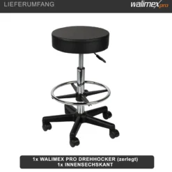 Walimex Rollhocker mit schwarzem Polstersitz, Höhenverstellbar 65-87 cm Sitzhöhe, bis 120 kg belastbar, 360° drehbar, Bürohocker, Drehhocker, Studiohocker, Posierhocker