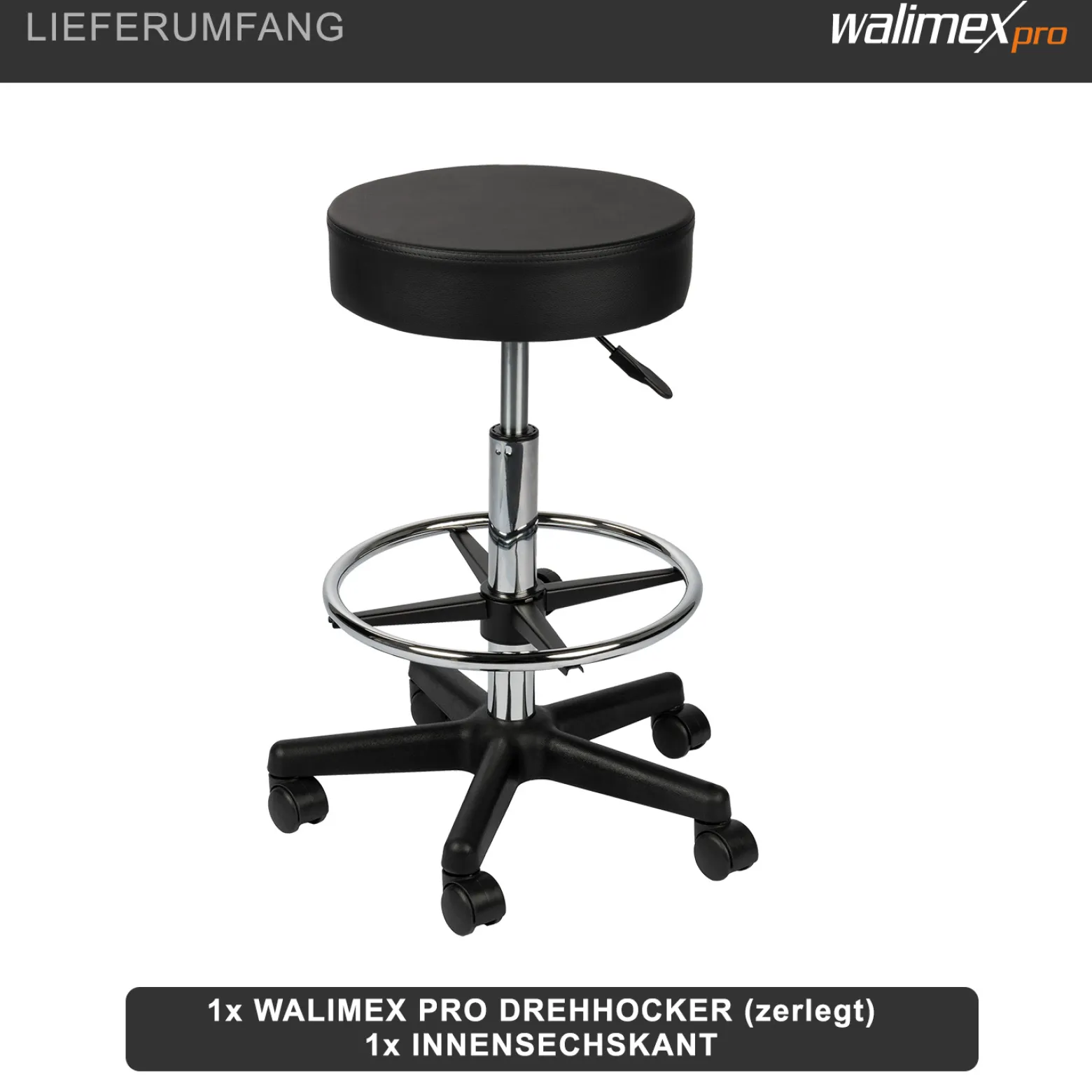 Walimex Rollhocker mit schwarzem Polstersitz, Höhenverstellbar 65-87 cm Sitzhöhe, bis 120 kg belastbar, 360° drehbar, Bürohocker, Drehhocker, Studiohocker, Posierhocker