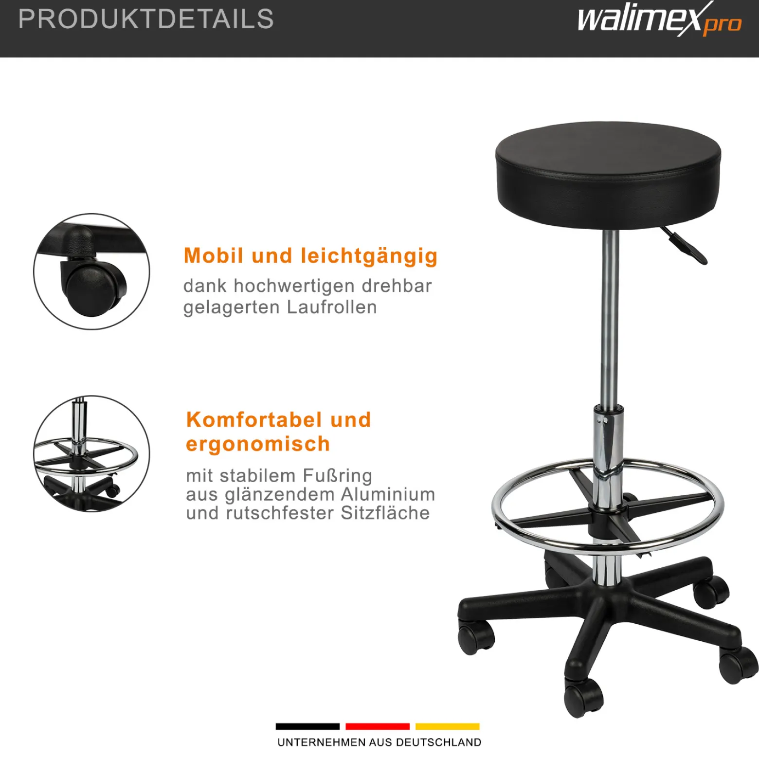 Walimex Rollhocker mit schwarzem Polstersitz, Höhenverstellbar 65-87 cm Sitzhöhe, bis 120 kg belastbar, 360° drehbar, Bürohocker, Drehhocker, Studiohocker, Posierhocker