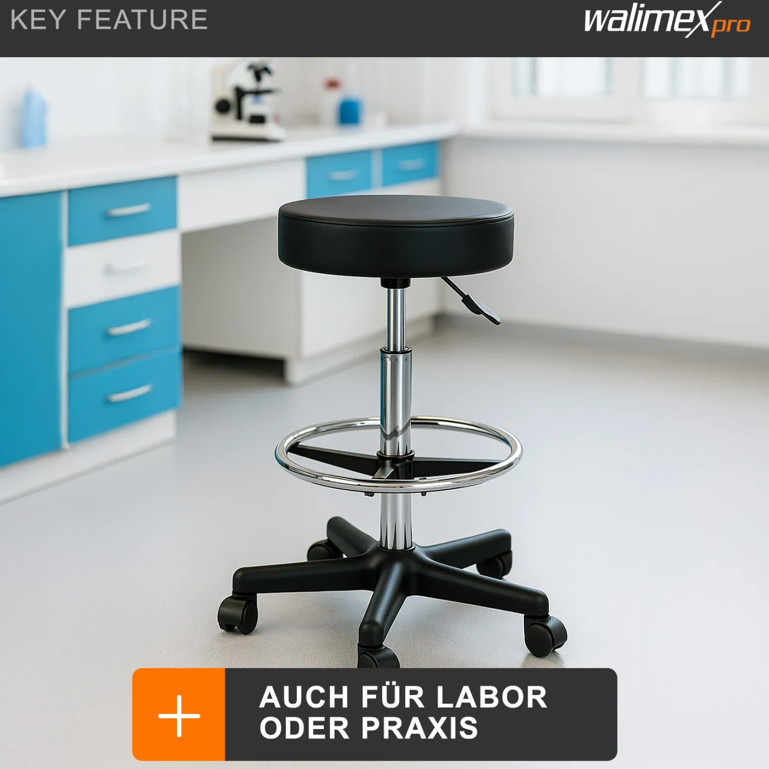 Walimex Rollhocker mit schwarzem Polstersitz, Höhenverstellbar 65-87 cm Sitzhöhe, bis 120 kg belastbar, 360° drehbar, Bürohocker, Drehhocker, Studiohocker, Posierhocker