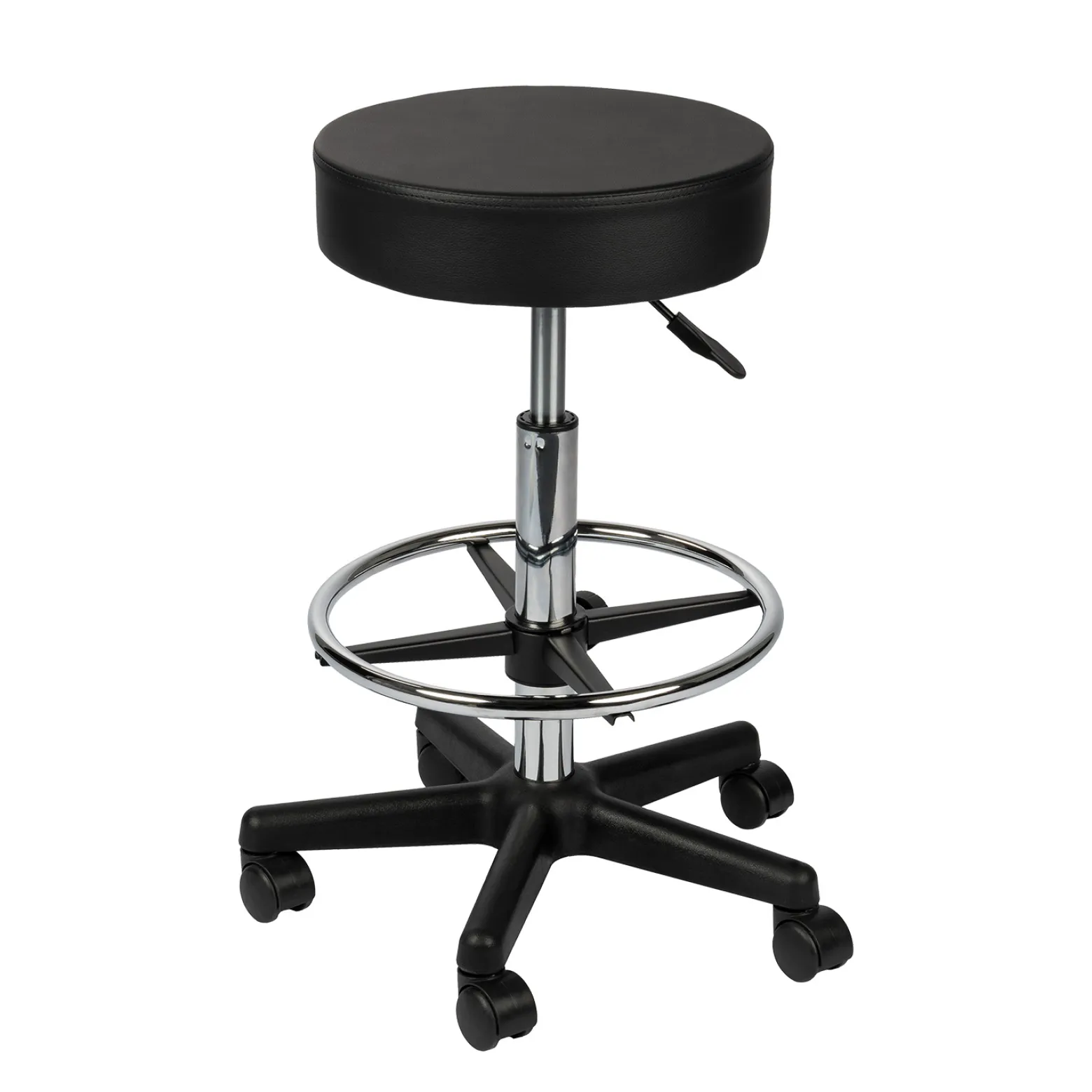 Walimex Rollhocker mit schwarzem Polstersitz, Höhenverstellbar 65-87 cm Sitzhöhe, bis 120 kg belastbar, 360° drehbar, Bürohocker, Drehhocker, Studiohocker, Posierhocker