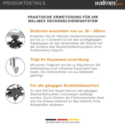 Walimex Schere für Deckenschienensystem - 300 x 100 x 400 mm - stufenlos ausziehbar ca. 30-200 cm - Last max. 6000 g - für Schienen System für Lampen Lichtquellen Kameras Studio Equipment