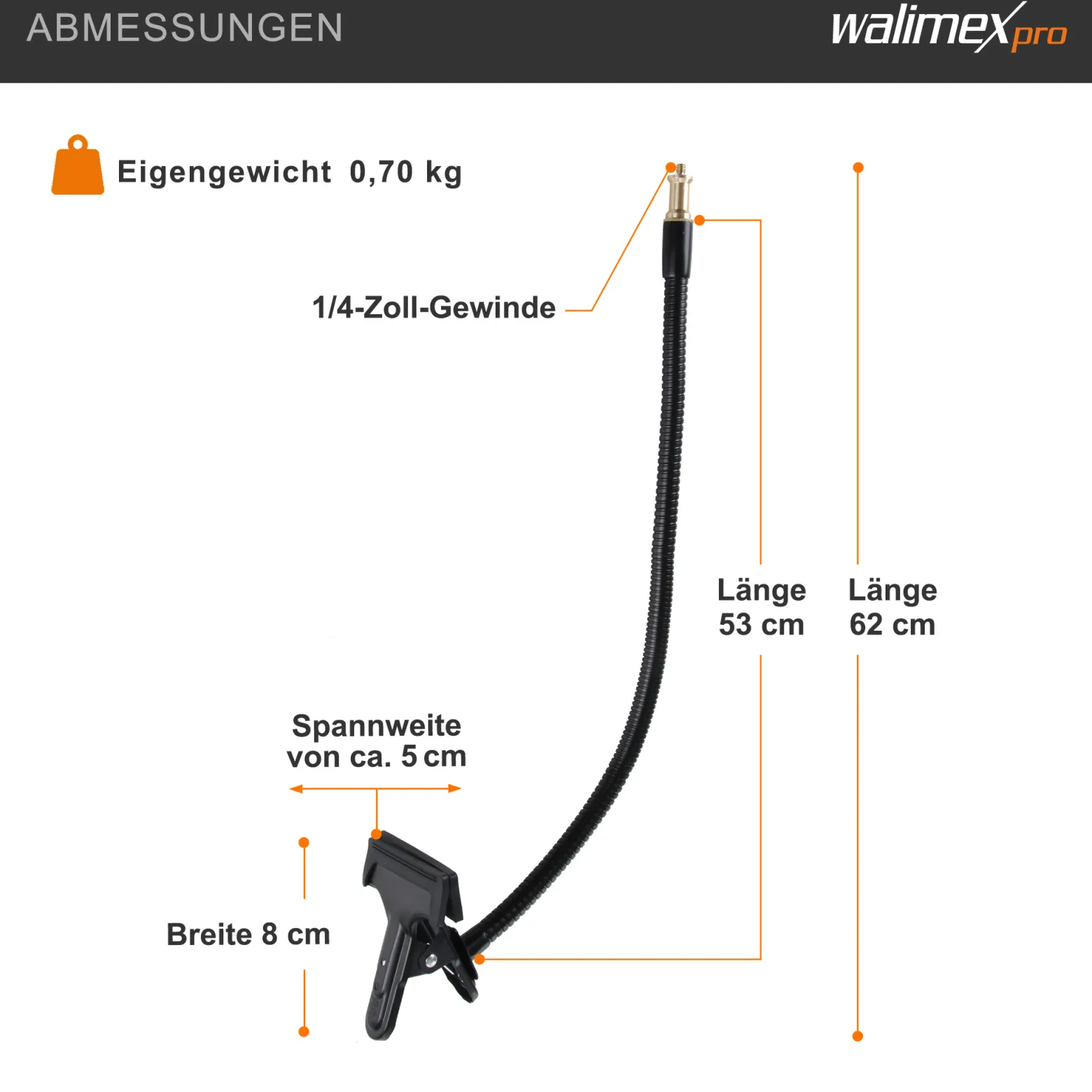 Walimex Schwanenhals mit 1/4 Zoll Gewinde und Clip, 53 cm flexibel biegbar, Klemme bis 5 cm Spannweite, für Kompaktblitz, Kamera und Reflektor, ideal für TableTop und Makro