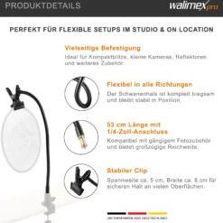 Walimex Schwanenhals mit 1/4 Zoll Gewinde und Clip, 53 cm flexibel biegbar, Klemme bis 5 cm Spannweite, für Kompaktblitz, Kamera und Reflektor, ideal für TableTop und Makro