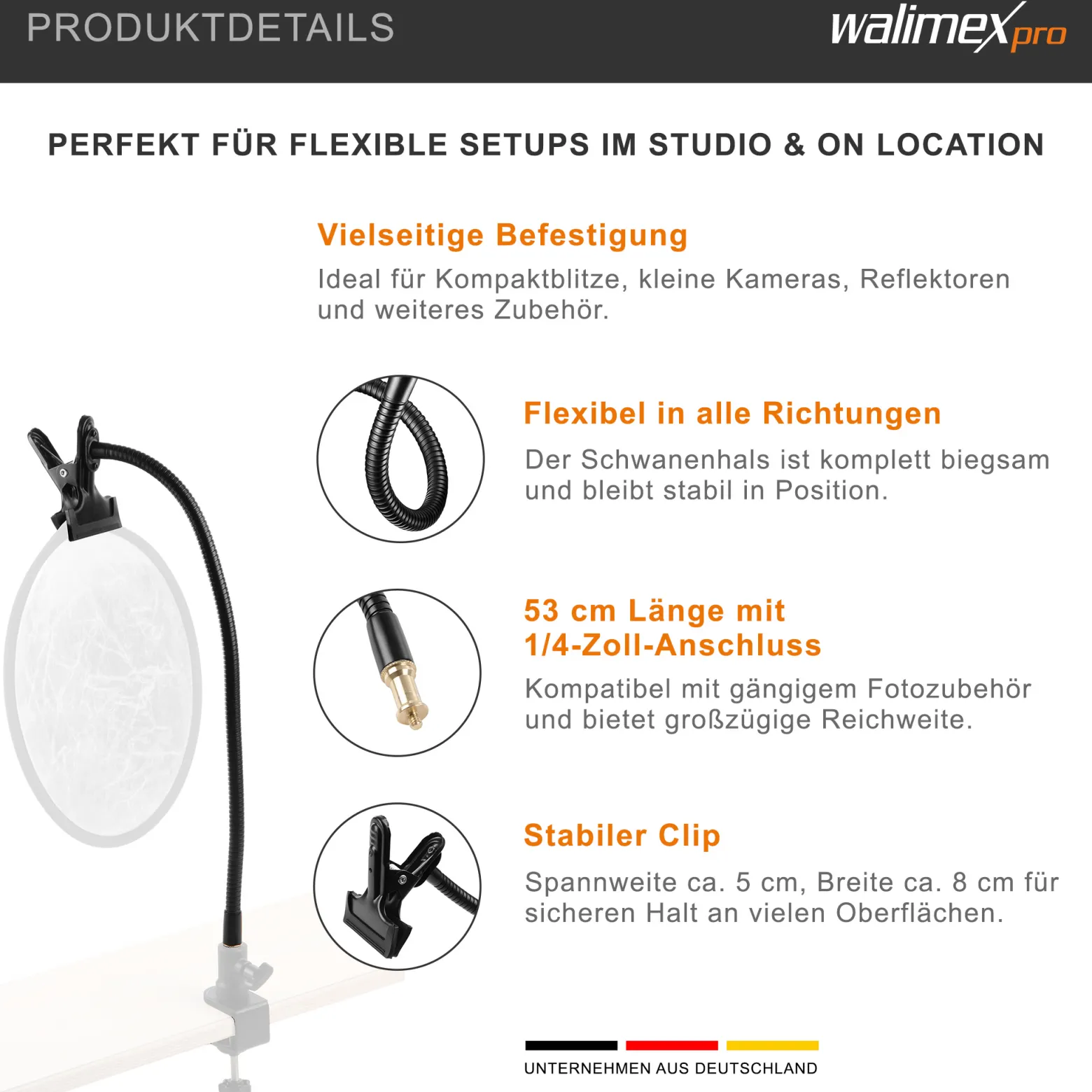 Walimex Schwanenhals mit 1/4 Zoll Gewinde und Clip, 53 cm flexibel biegbar, Klemme bis 5 cm Spannweite, für Kompaktblitz, Kamera und Reflektor, ideal für TableTop und Makro