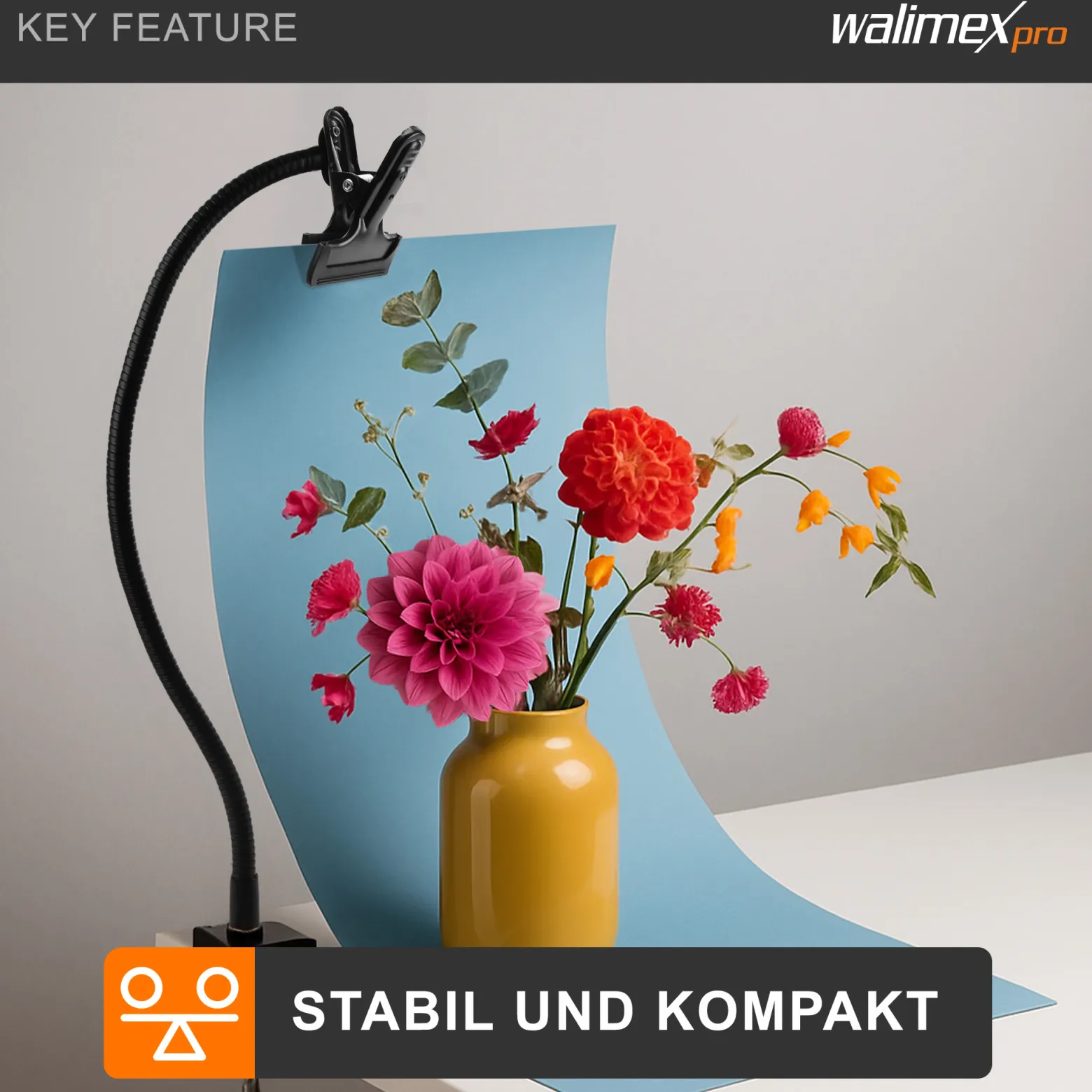 Walimex Schwanenhals mit 1/4 Zoll Gewinde und Clip, 53 cm flexibel biegbar, Klemme bis 5 cm Spannweite, für Kompaktblitz, Kamera und Reflektor, ideal für TableTop und Makro