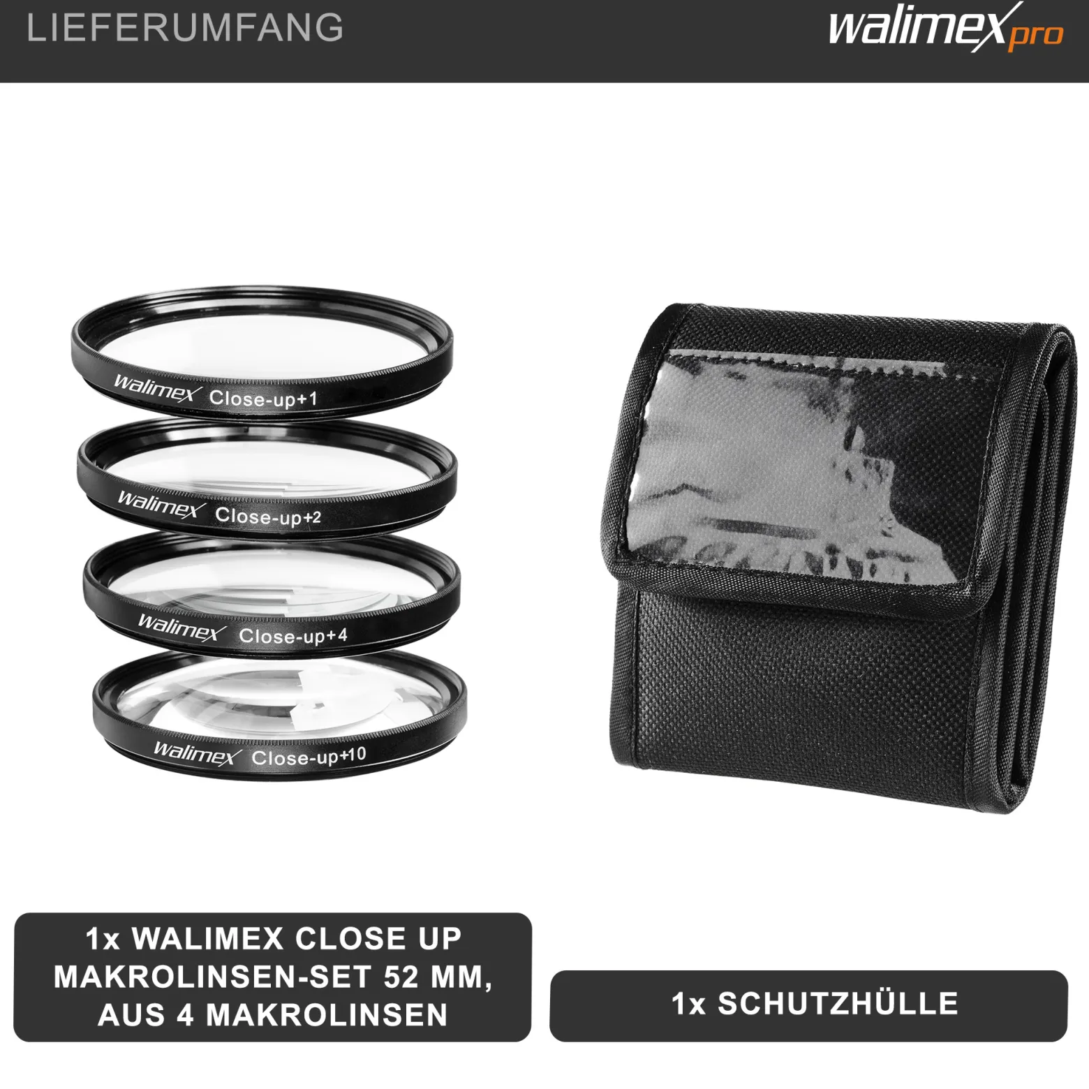 Walimex Set 4x Close up Makrolinsen/Nahlinsen - für 52 mm Gewinde - inkl. +1/+2/+4/+10 Dioptrien - Kamera Foto Zubehör für Makrofotografie Macro Shots Makro Objektiv