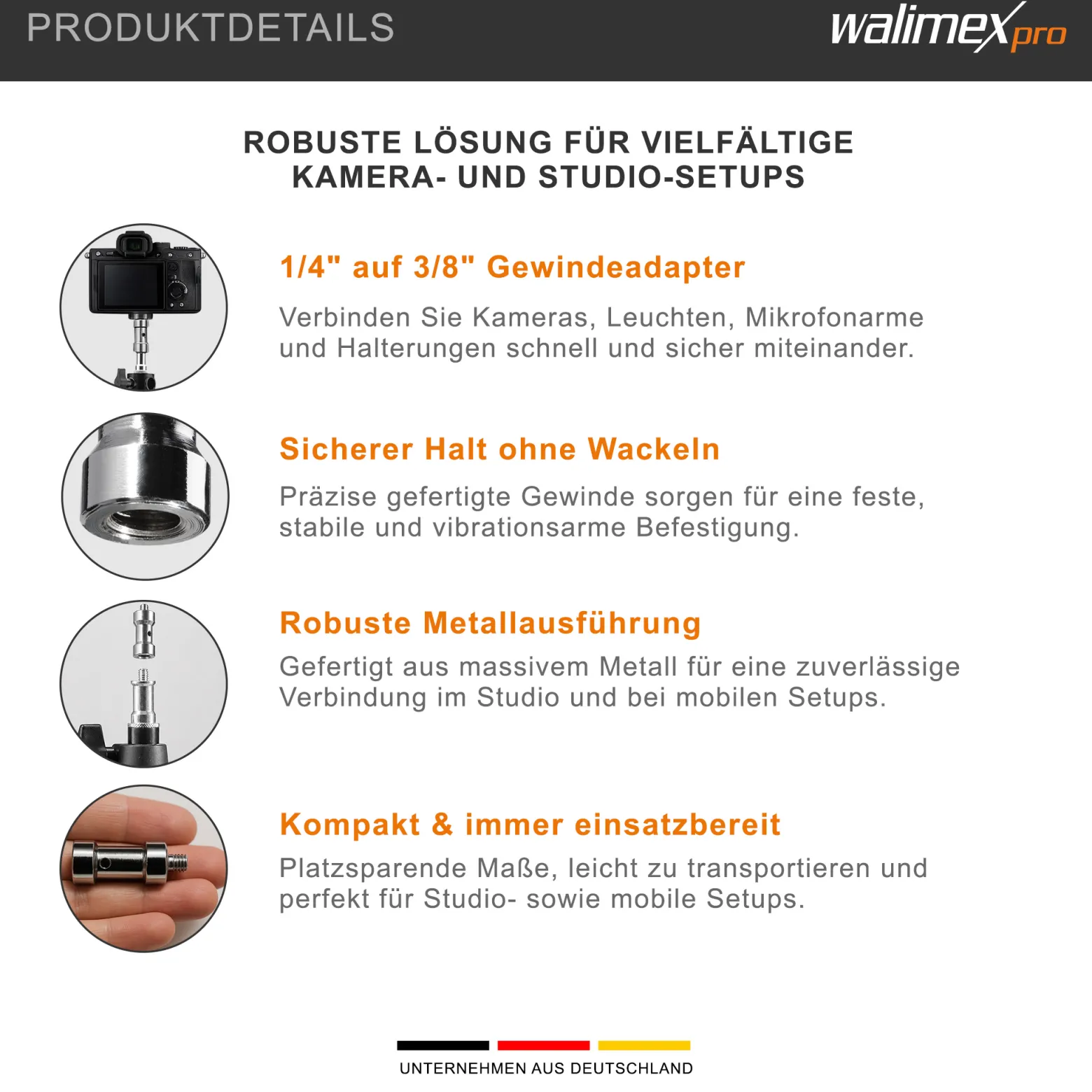 Walimex Set 2x Spigot Gewinde Adapter 1/4 Zoll auf 3/8 Zoll – Gewindeadapter für Kamera Zubehör und Stativ – Fotostudio Fotoshootings Fotografie