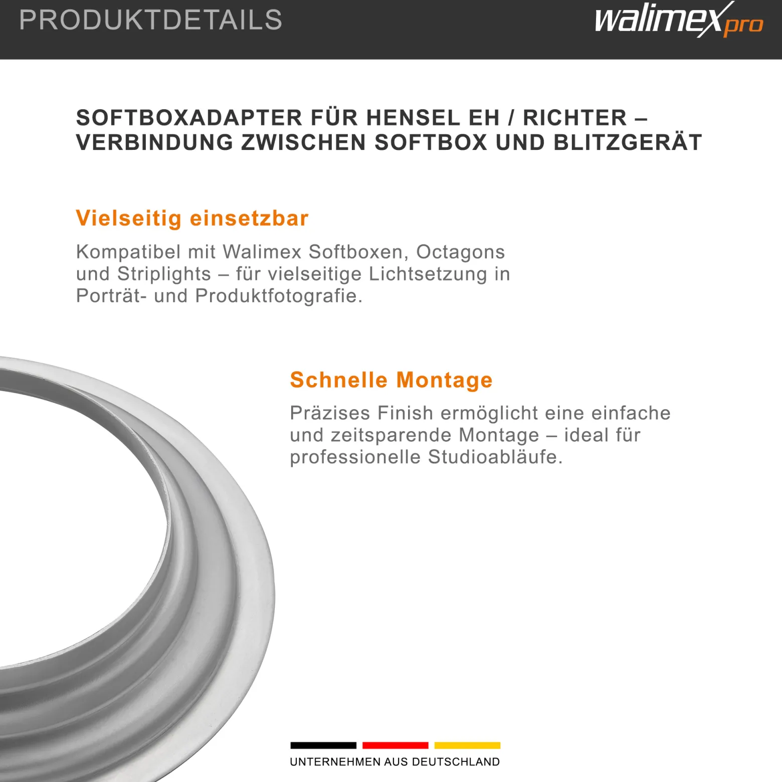 Walimex Softboxadapter für Octagon Striplight - 152 x 152 x 30 mm - aus Metall - Lichtformer-Adapter für Softboxen Striplight - kompatibel mit Hensel EH / Richter Blitzsystemen