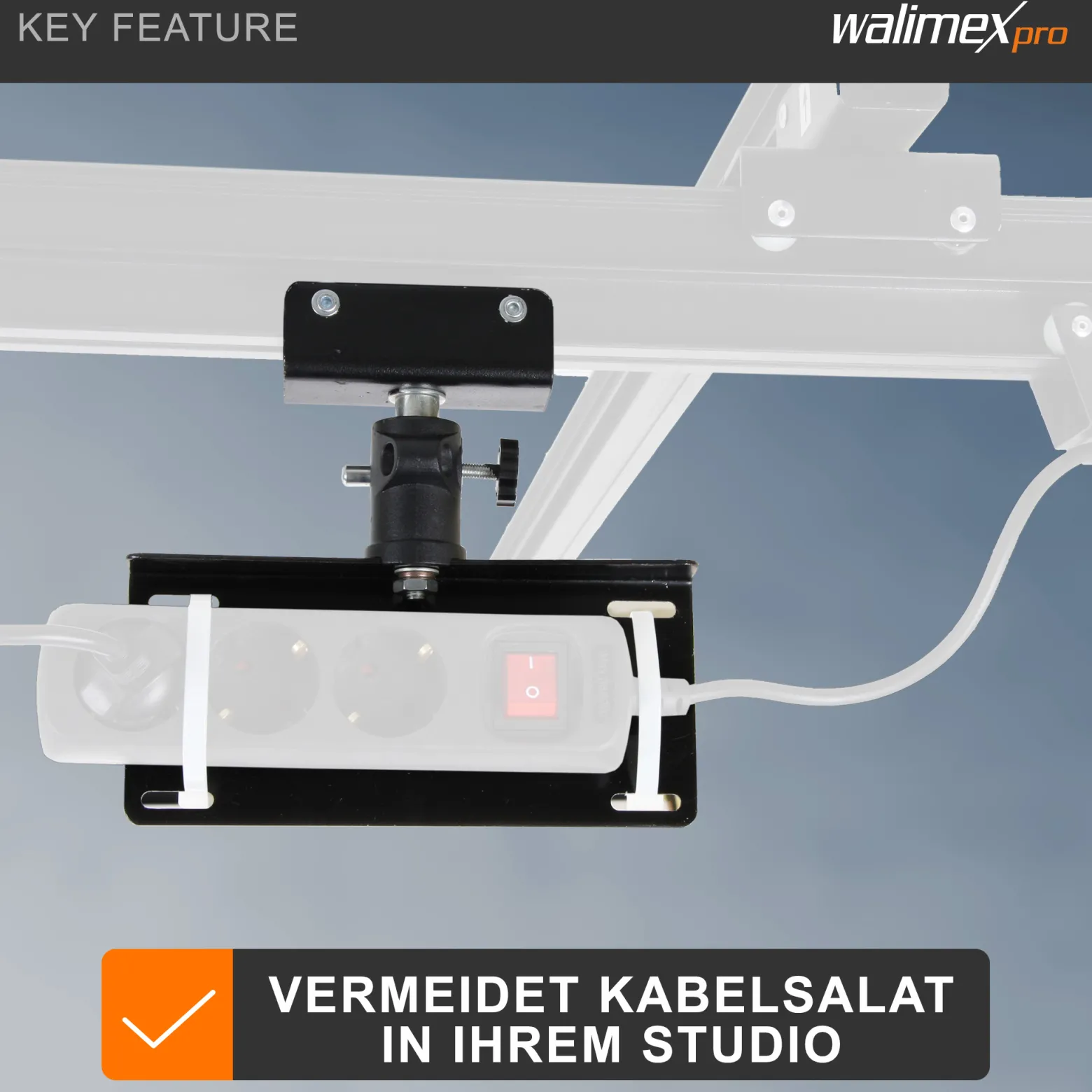 Walimex Steckdosen-Halter für Deckenschienensystem - 200 x 40 x 170 mm - mit Schienenwagen und 5/8" Spigot - für Schienen System für Lampen Lichtquellen Kameras Studio Equipment
