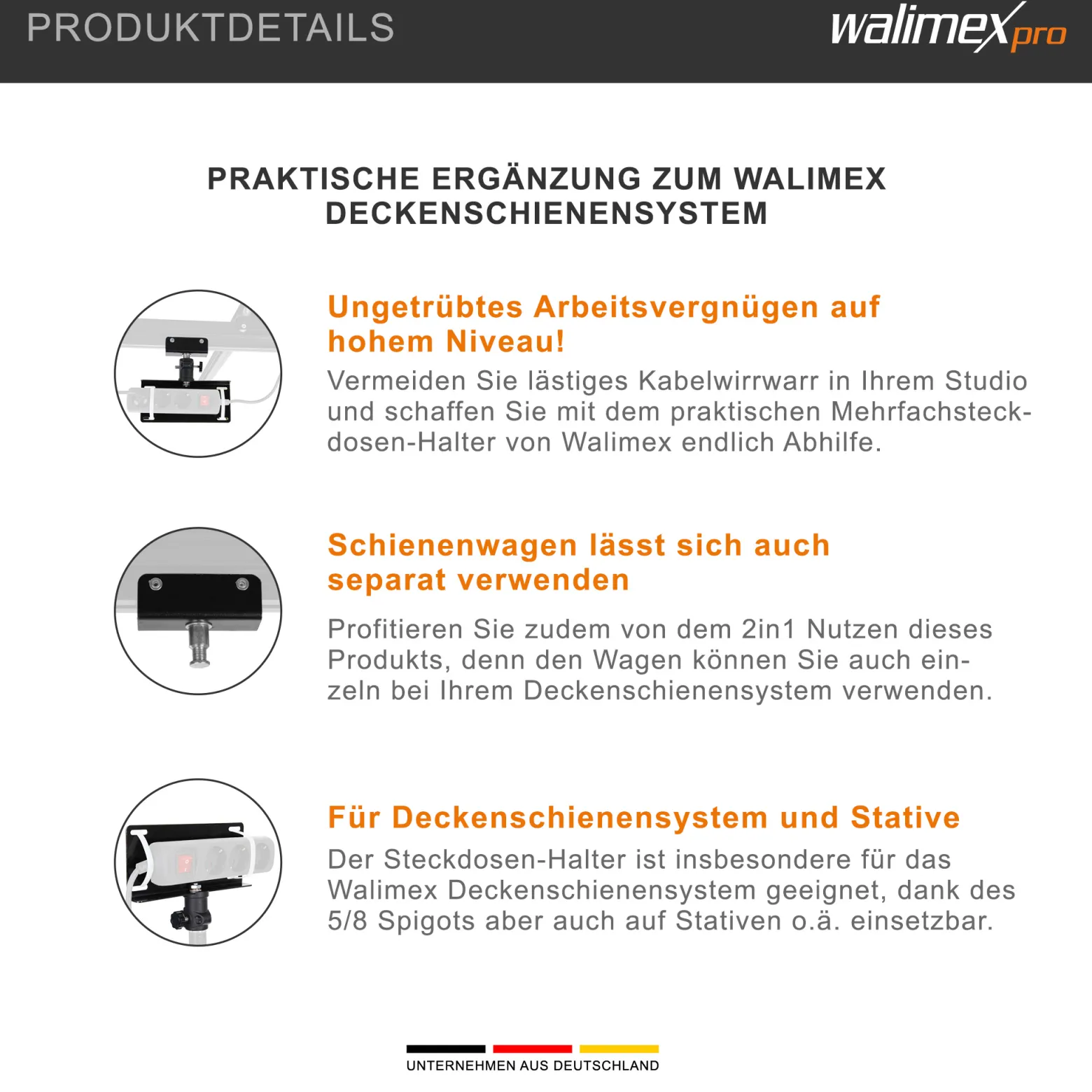 Walimex Steckdosen-Halter für Deckenschienensystem - 200 x 40 x 170 mm - mit Schienenwagen und 5/8" Spigot - für Schienen System für Lampen Lichtquellen Kameras Studio Equipment