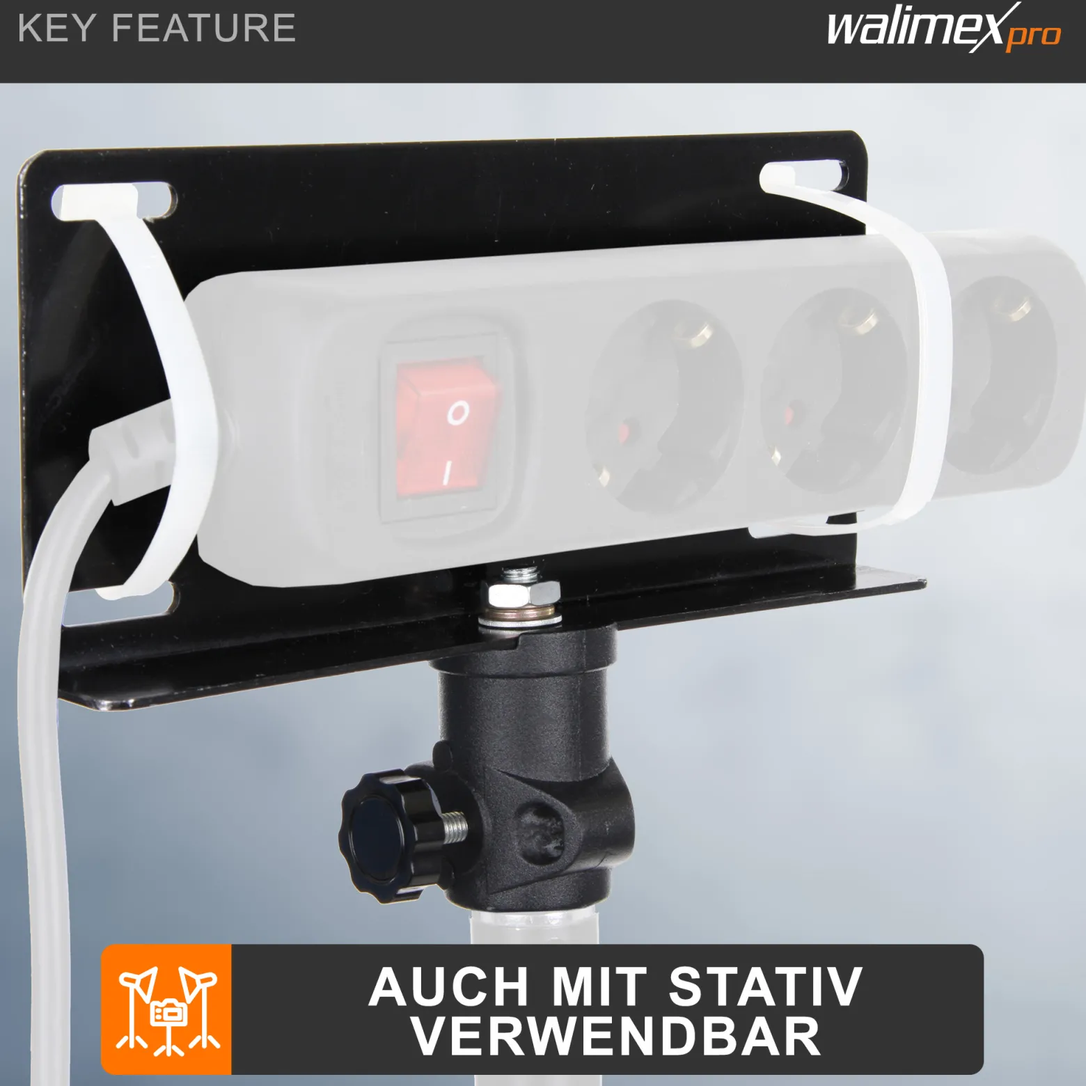 Walimex Steckdosen-Halter für Deckenschienensystem - 200 x 40 x 170 mm - mit Schienenwagen und 5/8" Spigot - für Schienen System für Lampen Lichtquellen Kameras Studio Equipment