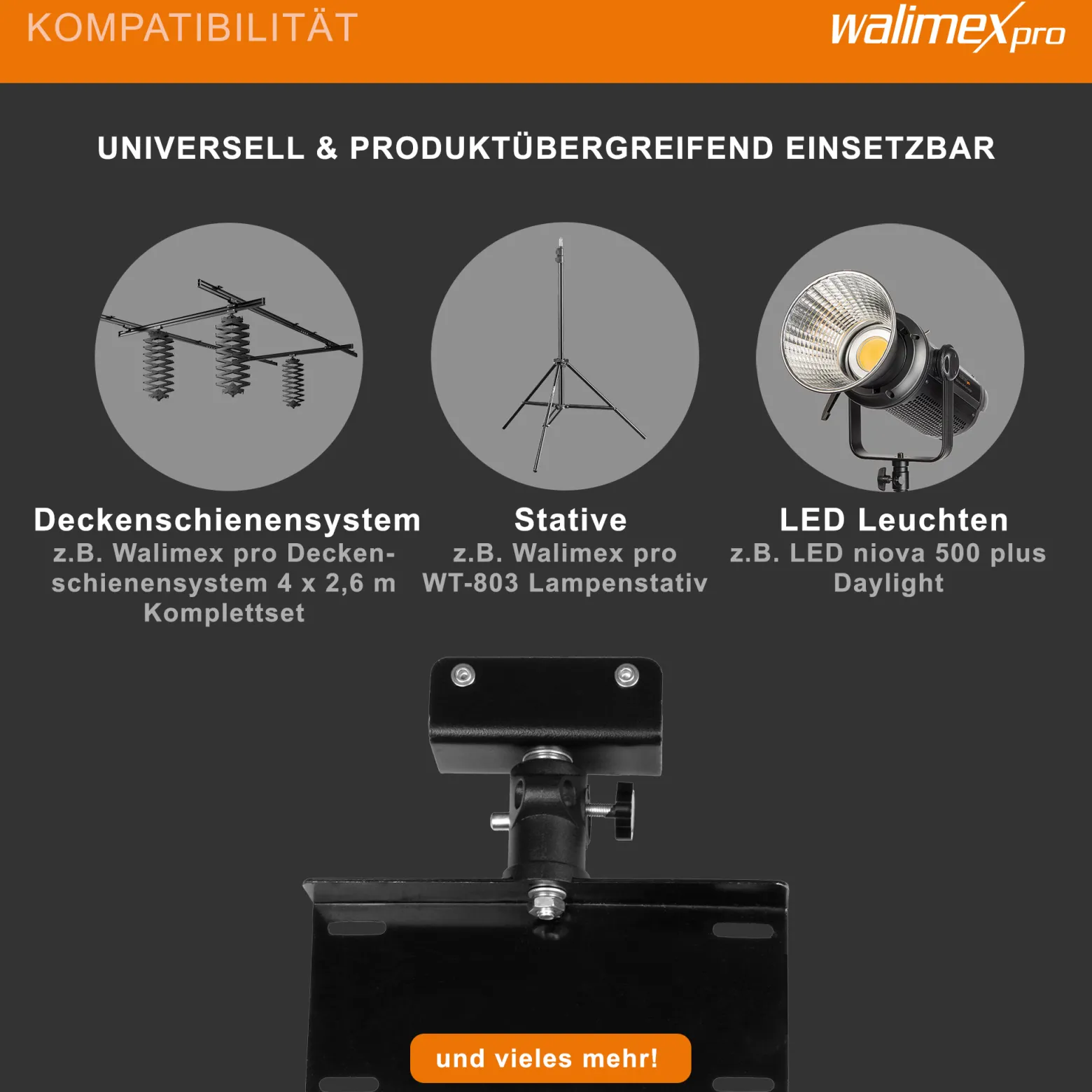 Walimex Steckdosen-Halter für Deckenschienensystem - 200 x 40 x 170 mm - mit Schienenwagen und 5/8" Spigot - für Schienen System für Lampen Lichtquellen Kameras Studio Equipment