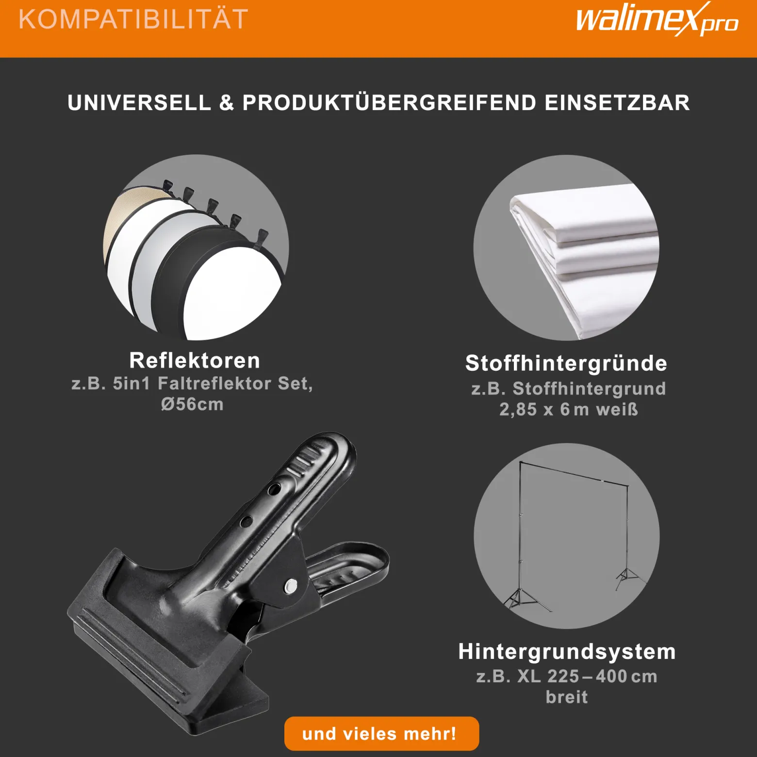 Walimex Studioclip 5er Set 85 x 110 x 70 mm mit kräftiger Federzwinge, Studioklemme bis 45 mm Spannweite