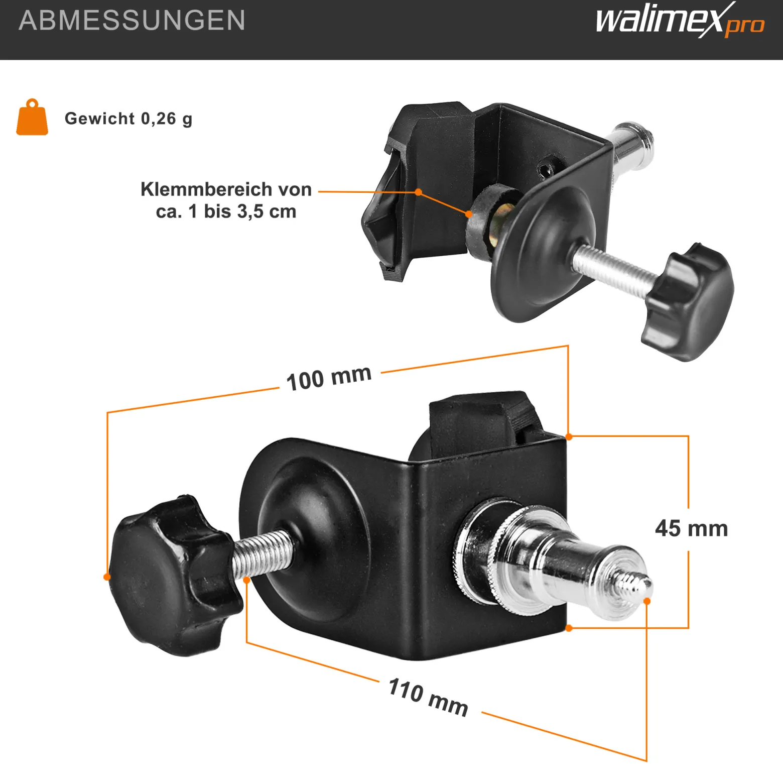 Walimex Studioklemme 110 x 100 x 45 mm mit 5/8 Spigot 1/4" Gewinde Klemmbereich 1-3,5 cm