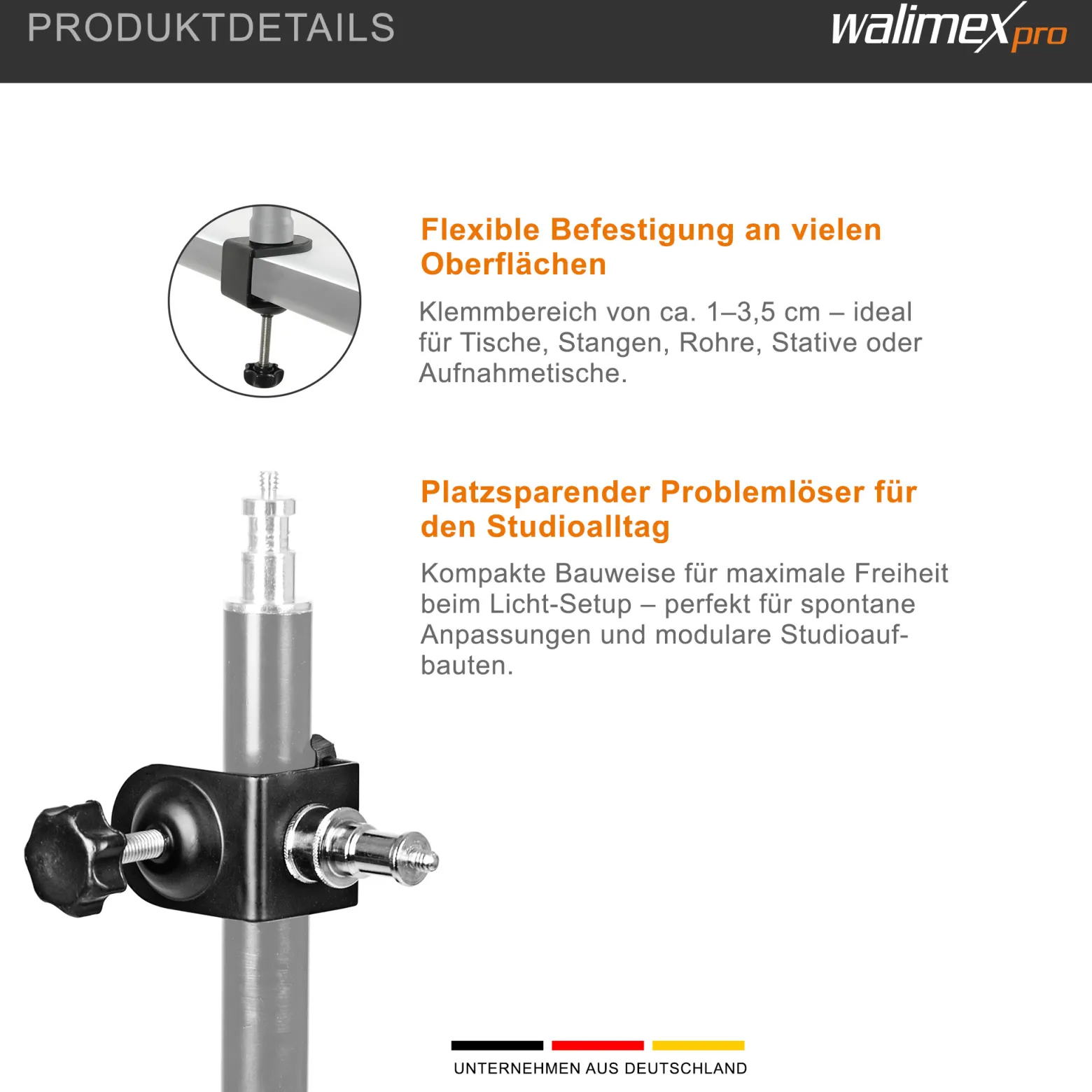 Walimex Studioklemme 110 x 100 x 45 mm mit 5/8 Spigot 1/4" Gewinde Klemmbereich 1-3,5 cm