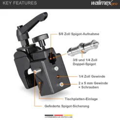 Walimex Superklemme schwarz 90 x 50 x 100 mm Klemmbereich ca. 10-60 mm mit 5/8" Spigot Aufnahme für runde und eckige Stangen und Objekte