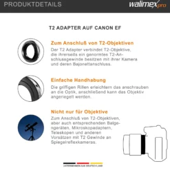 Walimex T2 Adapter kompatibel mit Canon EF-Bajonett EOS - 60 x 60 x 20 mm - Adapterring manueller Fokus, einfache Handhabung, Objektiv-Anschlussring für viele Modelle
