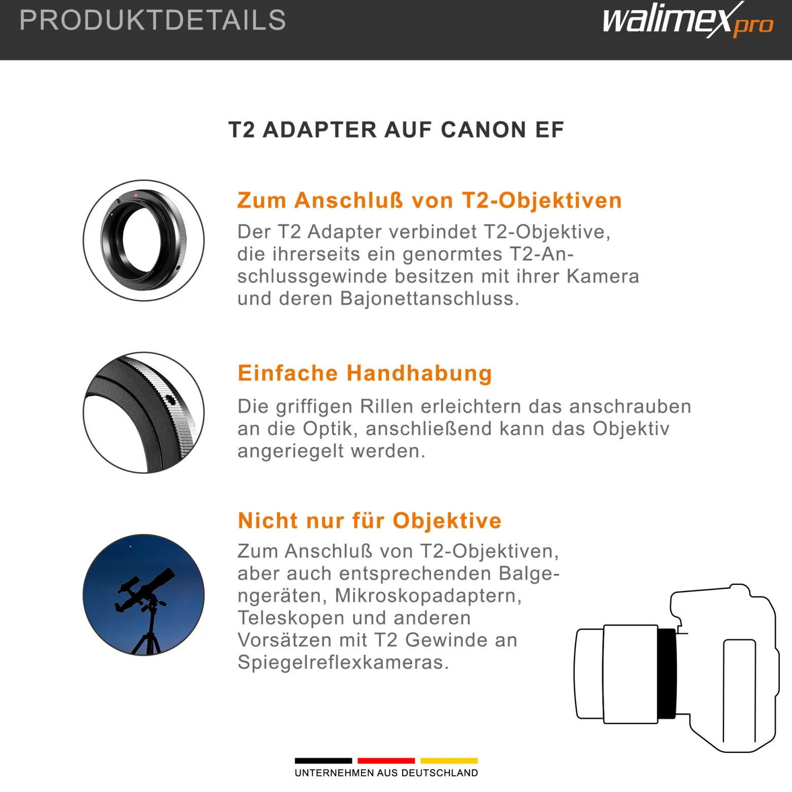 Walimex T2 Adapter kompatibel mit Canon EF-Bajonett EOS - 60 x 60 x 20 mm - Adapterring manueller Fokus, einfache Handhabung, Objektiv-Anschlussring für viele Modelle