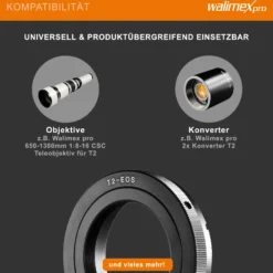 Walimex T2 Adapter kompatibel mit Canon EF-Bajonett EOS - 60 x 60 x 20 mm - Adapterring manueller Fokus, einfache Handhabung, Objektiv-Anschlussring für viele Modelle