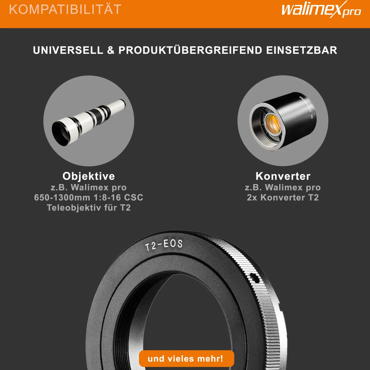 Walimex T2 Adapter kompatibel mit Canon EF-Bajonett EOS - 60 x 60 x 20 mm - Adapterring manueller Fokus, einfache Handhabung, Objektiv-Anschlussring für viele Modelle