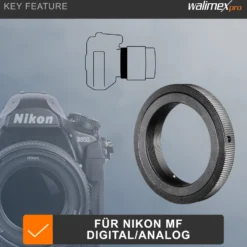 Walimex T2 Adapter kompatibel mit Nikon MF - 60 x 60 x 6 mm - Adapterring manueller Fokus, einfache Handhabung, Objektiv-Anschlussring für viele Modelle