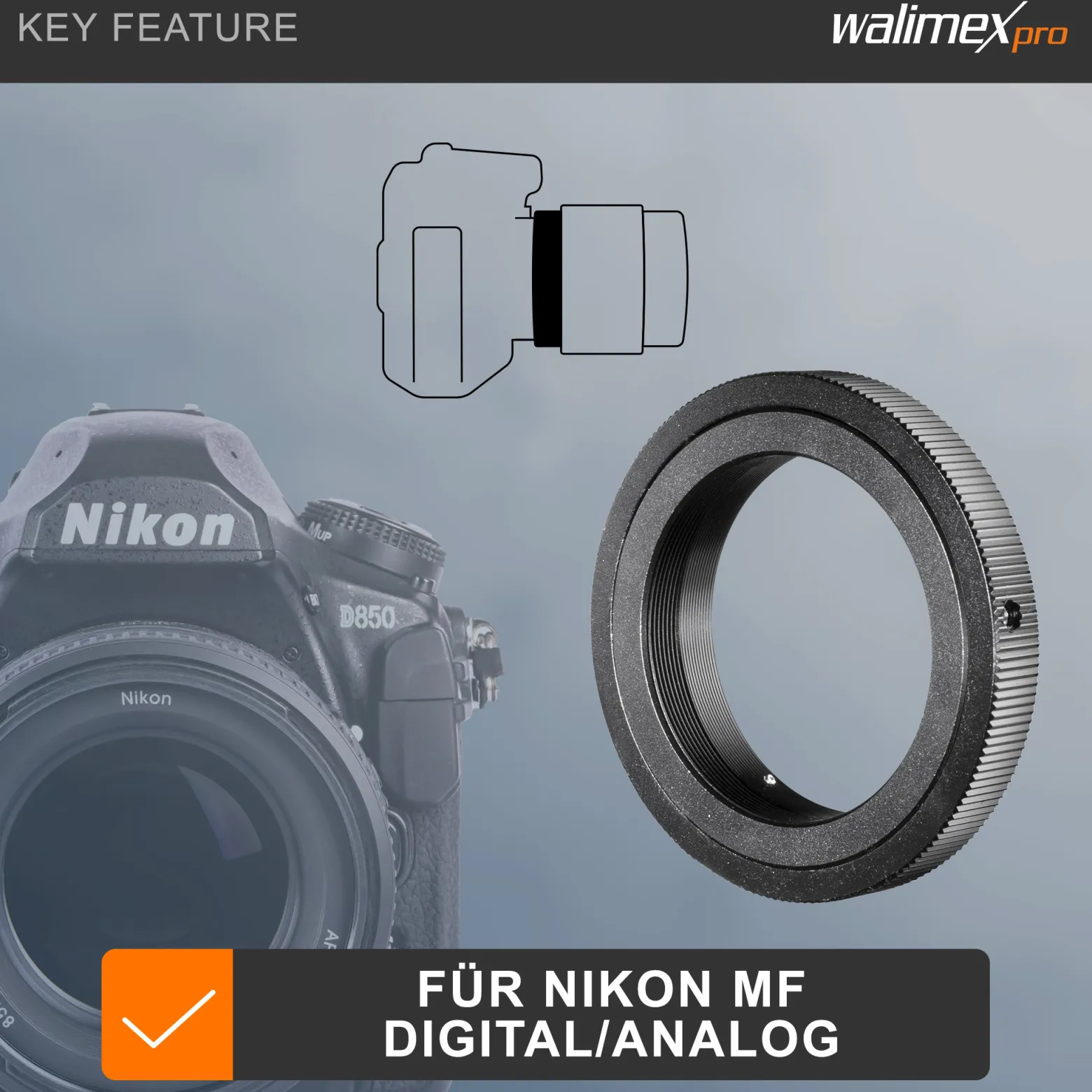 Walimex T2 Adapter kompatibel mit Nikon MF - 60 x 60 x 6 mm - Adapterring manueller Fokus, einfache Handhabung, Objektiv-Anschlussring für viele Modelle