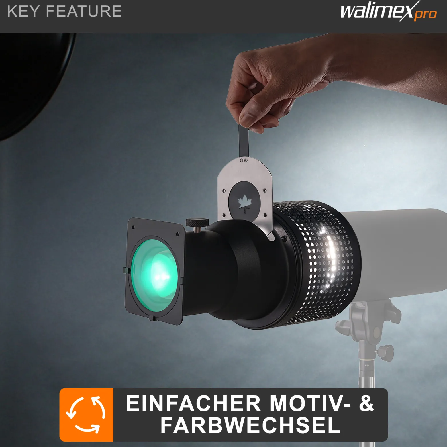 Walimex Universal Projektionsvorsatz kompatibel mit Elinchrom - 270 x 160 x 160 mm - mit 4 Farbfolien (blau, rot, gelb, grün) und Schablonen (Herz, Fenster, Mond, Blatt) - für Blitzgeräte Fotoatelier