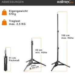 Walimex WT-802 Lampenstativ 108 cm, höhenverstellbares Lichtstativ belastbar bis 2,5 kg, Studiostativ mit 5/8 Zoll Spigot, Blitzstativ mit 1/4 und 3/8 Zoll Gewinde