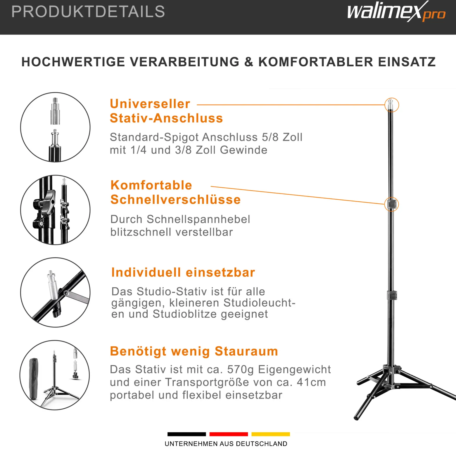 Walimex WT-802 Lampenstativ 108 cm, höhenverstellbares Lichtstativ belastbar bis 2,5 kg, Studiostativ mit 5/8 Zoll Spigot, Blitzstativ mit 1/4 und 3/8 Zoll Gewinde