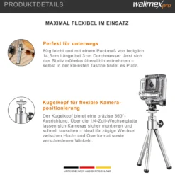 Walimex WT-070 Mini Stativ 26 cm 360° Kugelkopf, Aluminium Kamerastativ mit 1/4" Gewinde, Tischstativ mit Gummifüßen, Dreibeinstativ für Action Cams und kompatibel mit GoPro